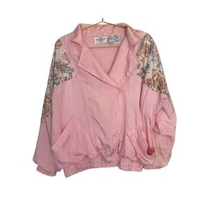 Vintage Pink Floral Panel Windbreaker Jacket Nylon Snap Front Women Size M